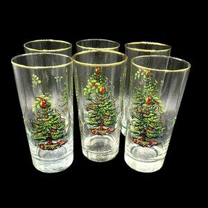 Set of 6 SPODE 10 oz Tumblers Christmas Tree Gold Trim